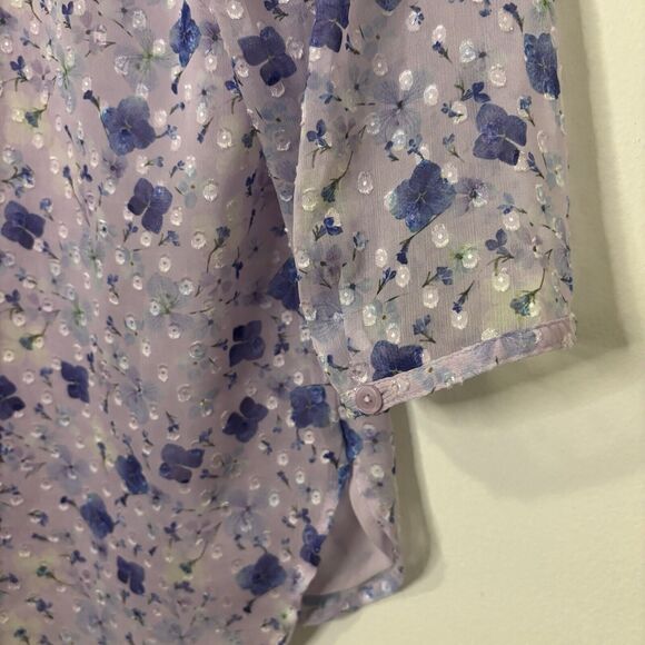 Talbots Large Purple Floral Swiss Dot 3/4 Sleeve Textured Chiffon Blouse Henley - Picture 6 of 12